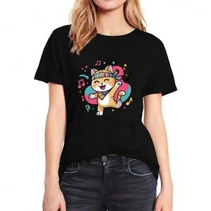 Women's Cute Cartoon Music Cat Printed Casual Round Neck T-shirt, Soft Tops - Picture 1 of 12