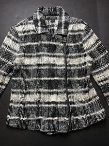Lucky Brand Plaid Knit Women's White & Black Sweater Coat sz Medium Zip front - Picture 1 of 5
