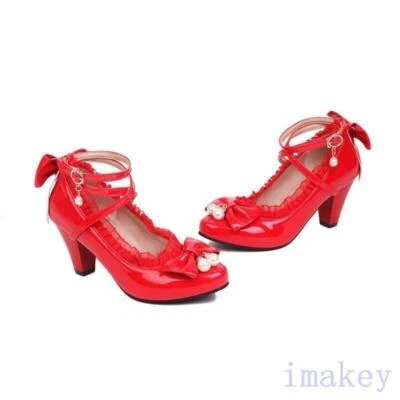 Womens Casual Formal Party Mary Janes Bowtie Strap Mid Heel Faux Leather Shoes - Image 1 of 4
