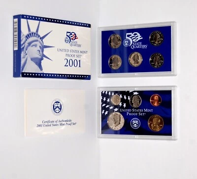 2001 S Proof Set U.S. Mint OGP  W/COA and 5 State Quarters (NY, NC, RI, VT, KY) - Image 1 of 3