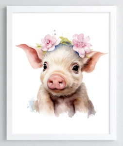 Impresión de arte de pared de cerdo, lindo cerdo con flores, impresión de decoración del hogar de arte de granja #102 - Imagen 1 de 2
