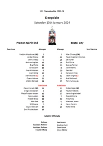 Preston North End v Bristol City 13-01-24 Championship Unofficial Team Sheet - Picture 1 of 1