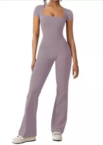 REORIA Womens Square Neck Short Sleeve Bodycon Jumpsuit 1-Piece Flare Lilac Med - Picture 1 of 8