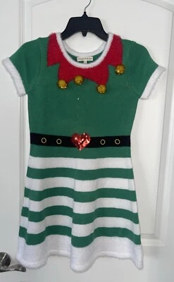 Margaux & Lexi Ugly Christmas Sweater Dress Girls Youth Elf Green Stripe 16 - Image 1 of 4