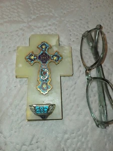 BÉNITIER MURALE/ONYX EMAUX CLOISONNÉ/EGLISE,PRÊTRE/H.12,5 cm/RELIGIEUX/EGLISE - Picture 1 of 9