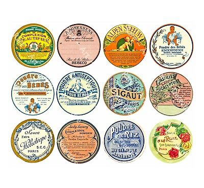 12 Pcs APOTHECARY LABEL Sticker Sheet, Antique French POWDER TIN Label Decor Set • 10.99$