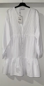 ZARA WHITE CUTWORK EMBROIDERED COTTON POPLIN DRESS WITH RUFFLE TRIM SIZE M NEW - Picture 1 of 13