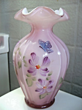 FENTON - J. POWELL (HP) PINK OVERLAY BUTTERFLY/FLOWERS VASE - READ - NO RESERVE!