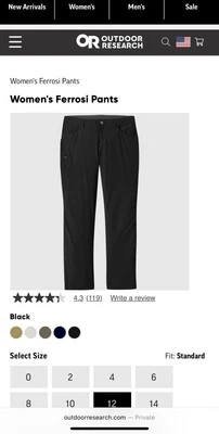 ¡NUEVOS Pantalones de Senderismo Outdoor Research O Ferrosi para Mujer Negros Talla 12 Largos!! Foto 1 de 4