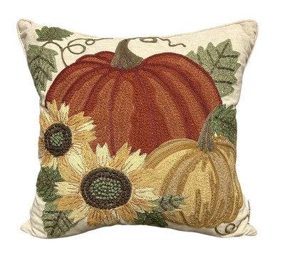 Gilded Maple Embroidered Down Pillow Pumpkin 3D Harvest Fall Autumn 17x17 - Image 1 of 4