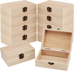10 Pack Unfinished Wooden Box with Hinged Lid and Clasp, Small Wood Box for Craf - Picture 1 of 8