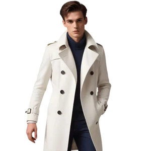 Men's trench Coat Elegant White Double Breasted Long Coat Warm Wool Blend Coat - Picture 1 of 5