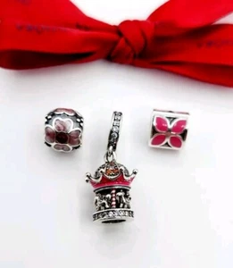 Genuine Pandora Pink Enamel Daisy Flower,Enamel Petals & Silver Carousel Charm - Picture 1 of 8