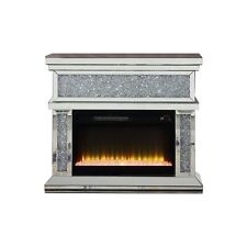 Noe 39 Inch Mirrored LED Electric Fireplace, Remote, Faux Diamond, Silver