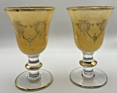 Arte Itálica Cristal Juego de 2 Copas Amarillas Oro 24K Ribete 5.5" Italia LEER Foto 1 de 4