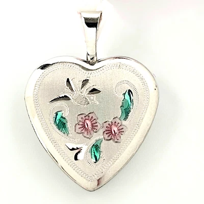 Medallón corazón 3D de plata maciza 925 con flores rosas, detalles corte diamante Foto 1 de 4