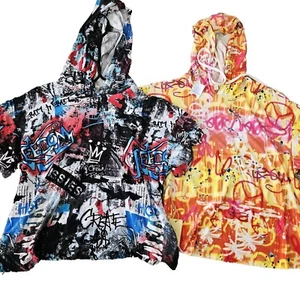 Set of 2 Sz 1X Womens Graphic Graffiti Cropped Hooded Tshirts Hip Hop Streetwear - Picture 1 of 19
