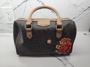 Calvin Klein Signature Embroidered Flower Top Zip Shoulder Bag Brown Tan - Picture 1 of 10