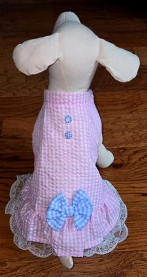 New Pink Gingham Dog/Pet Dress - Ruffled Hem, Blue Bow & Snaps. Size: MEDIUM (M) - Image 1 of 4