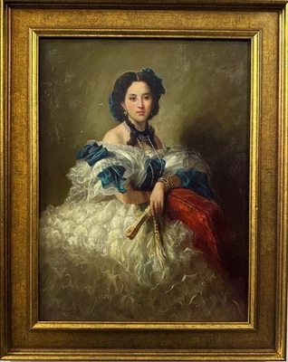 Pintura contemporánea: mujer en vestido romántico, óleo sobre lienzo, enmarcada Foto 1 de 4
