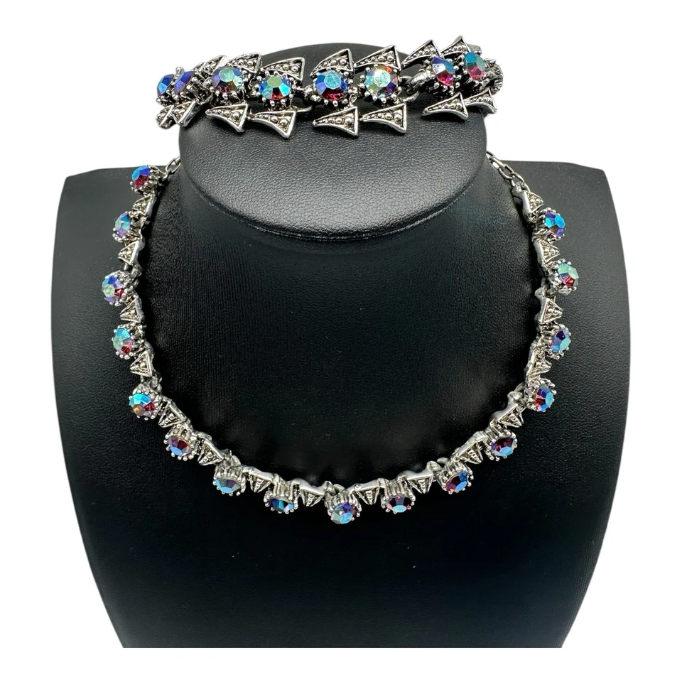 "Collar vintage de diamantes de imitación púrpura/verde iridiscente, juego de pulsera tono plata 16""" Foto 1 de 4