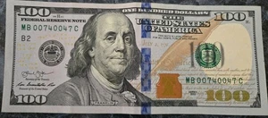 TRINARY $100 BILL FANCY SERIAL 00740047 - Picture 1 of 2