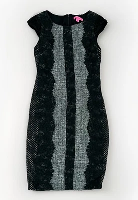 Vestido justo Betsey Johnson cinza preto renda tweed contraste manga gorro tamanho 2 - Imagem 1 de 4