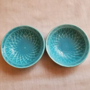 "Par de Homer Laughlin Arlequín Cesta Tejido 3"" Azul Turquesa Nuez Plato Fiesta" - Imagen 1 de 8