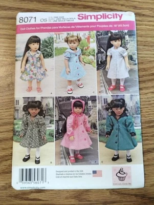 8071 Simplicity Sewing Pattern 18" Doll Clothes, Dresses, Coats and Bonnet, New - Image 1 of 4