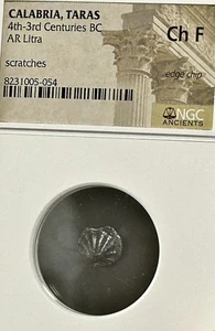 Calabria Taras AR Litra 4th-3rd Centuries BC Shell Dolphin NGC Ch F - Picture 1 of 4