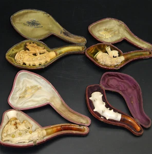 Konvolut von 4 alten Meerschaum Pfeifen um 1900, interessant im original Etui - Bild 1 von 10