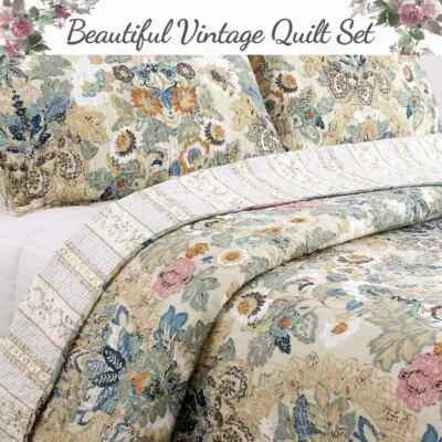 QUALITY NEW! ~ COZY COTTAGE CHIC BOHEMIAN BOHO BEACH YELLOW BLUE PINK GREY QUILT SET