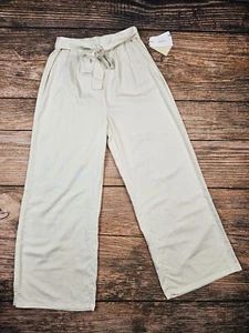 NWT Midnight Sky Pants Womens L Linen Blend Wide Leg Elastic Waist Tied Ivory - Picture 1 of 9