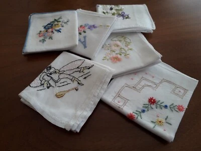 Lot de 6 mouchoirs anciens broderie de couleur - Photo 1/2