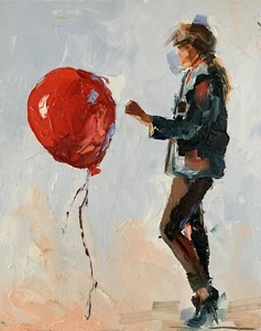 Woman with a red air balloon.   ORIGINAL  oil painting. - Picture 1 of 6