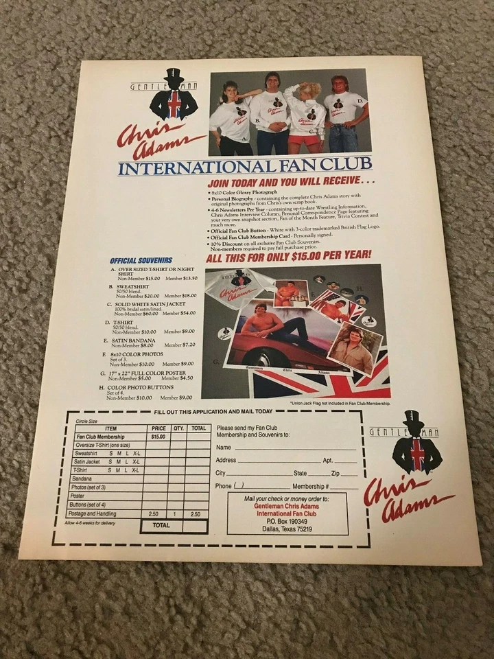 GENTLEMAN CHRIS ADAMS FAN CLUB Wresling anuncio impreso camiseta póster DÚO DINÁMICO  Foto 1 de 1