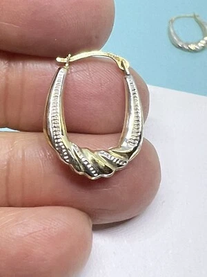10K Gold hoop earrings yellow and white gold oval ridged diamond stunning - Image 1 of 4