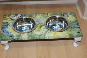 Raised Dog-Cat Feeding Table with 1pt Bowls - GREEN, YELLOW & BLUE ~ Rectangle - Picture 1 of 4