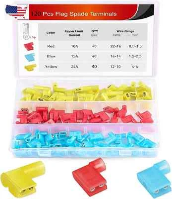 120Pcs Nylon Insulated AWG 22-10 Wire Connectors Female Flag Spade Terminals - Image 1 of 4