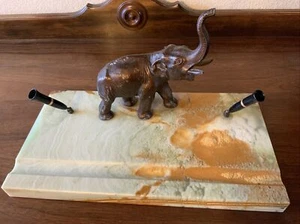 Vintage Large Elephant Fountain Pen Holder Marble Base Brass Desktop Holder - Picture 1 of 14