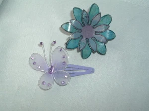 GIRL'S PURPLE BUTTERFLY BARRETTE & METAL FLOWER HAIR CLIP UP DO HAIR ACCESSORY - Picture 1 of 2