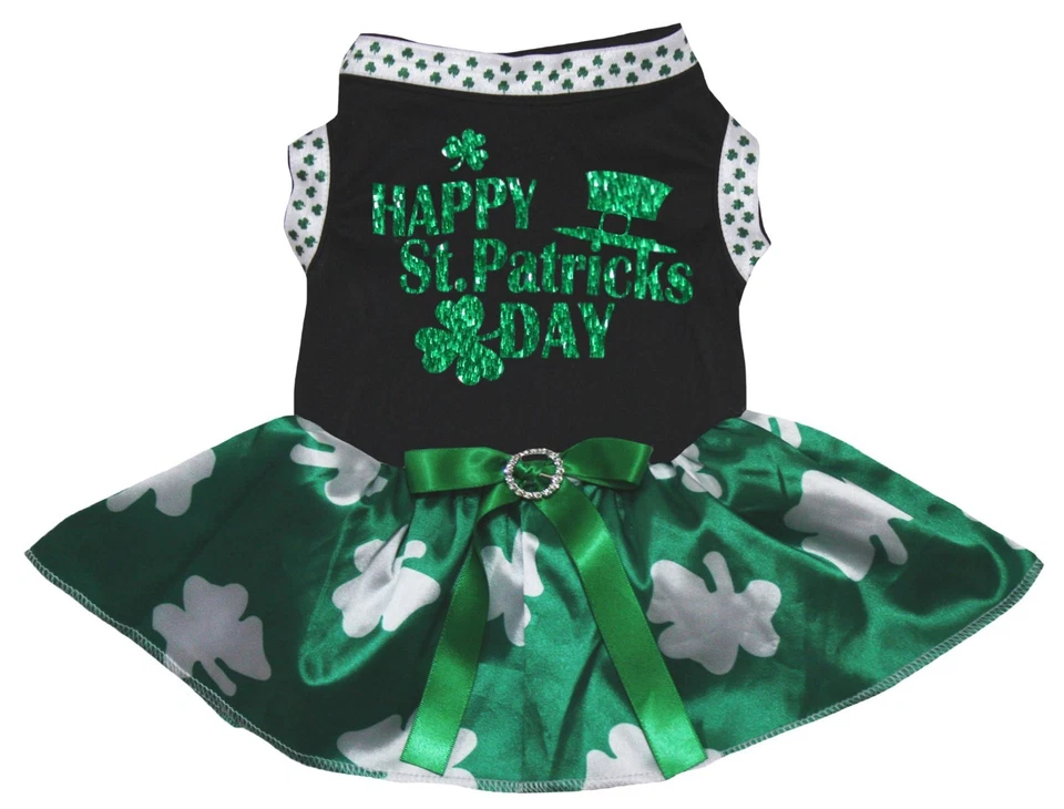 Happy St.Patrick's Day Black Cotton Top Green Clover Tutu Pet Dog Puppy Dress - Image 1 of 1