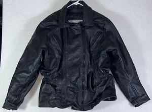 Vintage 90s Black Cafe Racer Motorcycle Jacket with Liner By Unik Large - XLarge - Picture 1 of 17