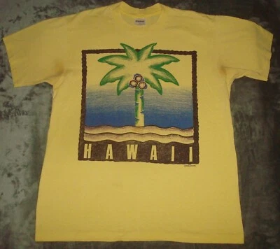 CAMISETA HAWAI DE COLECCIÓN AÑOS 80 GRANDE AMARILLA ESTAMPADO PALMERA COCO PUNTADA ÚNICA EE. UU. Foto 1 de 4