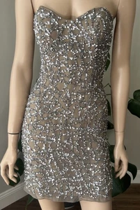 Mini Vestido de Noche Formal Con Cuentas Lentejuelas Seda Escala Vintage Talla 2 Sin Tirantes - Imagen 1 de 9