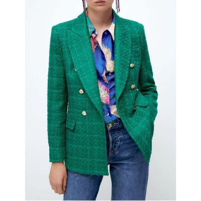 Blazer Zara Verde Tweed Estructurado Doble Pecho Plateado Botón Forrado Talla XS Foto 1 de 4