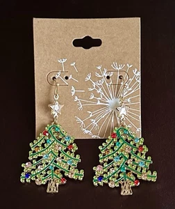 Christmas Tree Earrings Colorful Crystal Dangle Goldtone And Rhinestone Pair NWT - Picture 1 of 5