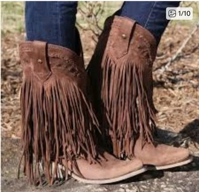 LIBERTY BLACK Mujer’s 9.5M Vegas Marrón Flecos Botas de Vaquero Cuero Botas de Vaquera Foto 1 de 4