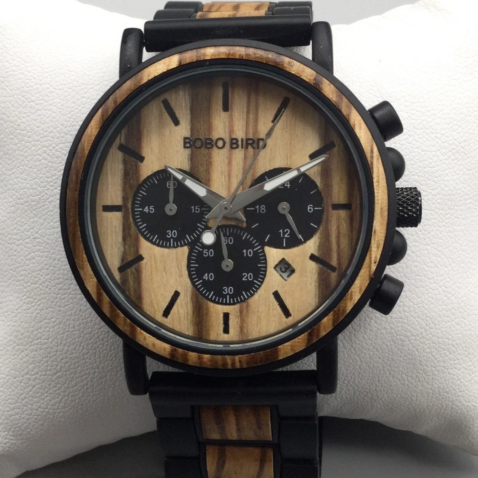 BOBO BIRD Reloj Hombre Cronógrafo Madera Acero Inoxidable 44mm Fecha Marrón 8.5" a Foto 1 de 4