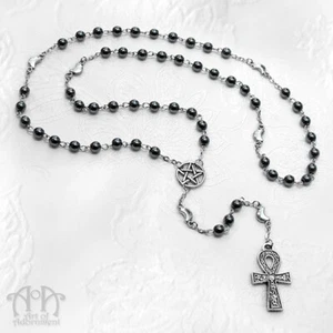 Gothic Pagan ELEMENTAL HEMATITE ROSARY NECKLACE Ankh Pentacle Pentagram Black - Picture 1 of 4
